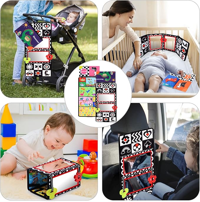 Tummy Time Floor Mirror with Crinkle Cloth Book and Teethers, Double-sided Baby Mirror Black and White High Contrast Baby Toys, Folding Crawling Activity Mat for Infants 3 6 12 Months (B-Mirror+Book)