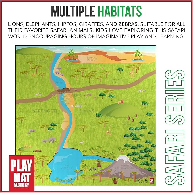 Safari Play Mat for Toy Animals | Foldable Solution |Large Size 57” x 57” | All Safari Animals | African Jungle Serengeti | Child Activity Mat | by Play Mat Factory