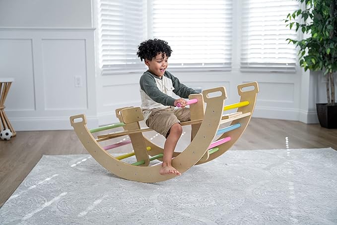 Avenlur Bailis Ultimate 3-in-1 Playset for Kids - Seesaw, Climbing Arch and Rocker - Waldorf and Montessori Climbing Toy for Children 2-6 Years - Toddler Climbing Toys (Colored)
