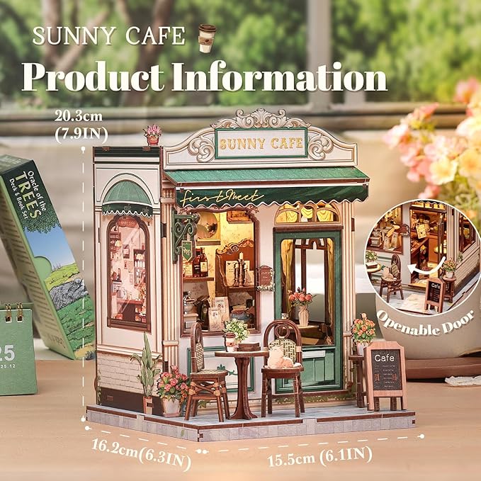 Fsolis Book Nook Kit - DIY Scene Miniature Dollhouse Kit for Adults Bookshelf Puzzle Tiny House Mini Craft Coffee Shop Model Bookshelf Decor Gifts for Women Book Lovers Puzzle Beginners (Sunny Cafe)