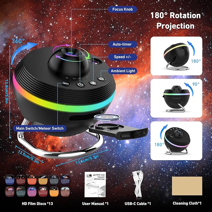 Galaxy Projector, 13 in 1 HD Planetarium Galaxy Projector for Bedroom, Star Projector Galaxy Light Projector with Timer, Meteor & 6 RGB Lighting Night Light for Kids Adults, Party Light/Home Decor
