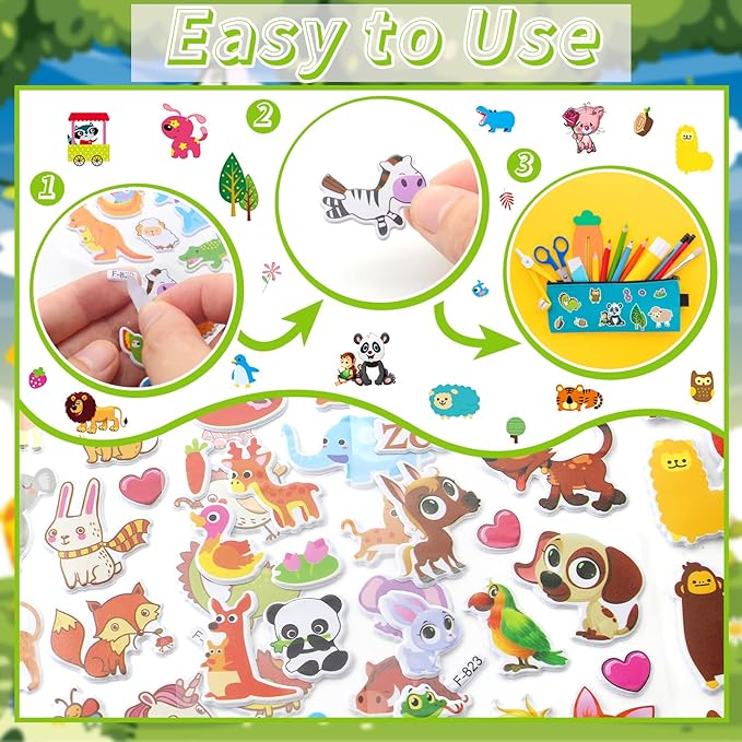 36 Sheets Animal Stickers for Kids - 900+ 3D Puffy Stickers Jungle & Farm Theme | Lion, Panda, Elephant, Giraffe | Reusable, Waterproof | Crafts, Scrapbooking, Party Favors