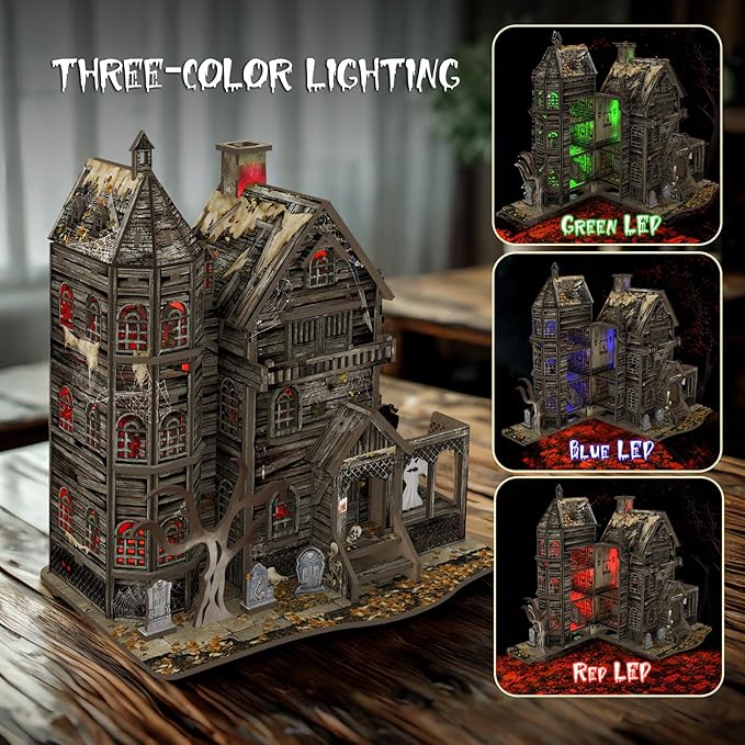 3D Wooden Puzzle Haunted House Model Set - Miniature Haunted House Kits with Led Accessories Furniture, Suitable for Adults and Teenagers to DIY Halloween Horror Doll House Craft Gifts.