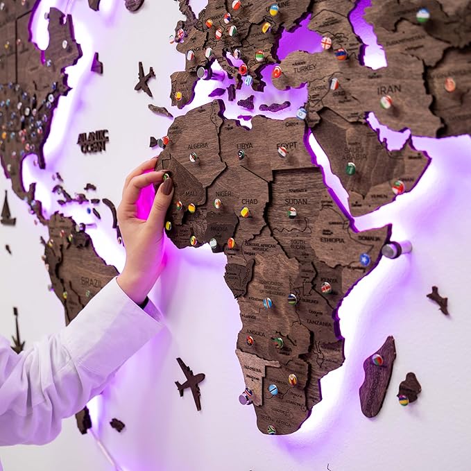 Enjoy The Wood 3D Wood World Map LED 3.0 Wall Art Modern Home Decor Gifts LED Lighting Wall Decor Housewarming Gift (Dark Walnut)