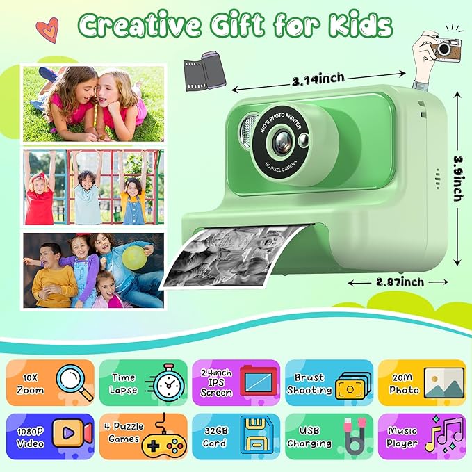 Kids Camera Instant Print, Christmas Birthday Gifts for Girls and Boys, Kids Camera 1080P HD Video Digital Toddler Camera Toy for 3 4 5 6 7 8 9 10 11 12 Years Old