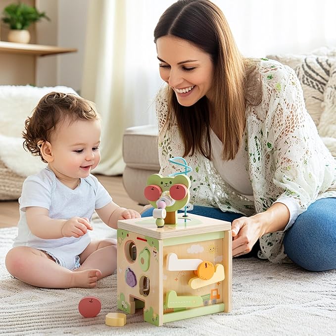 ROBOTIME Wooden Activity Cube with Bear Orchard Theme, 9-in-1 Montessori Toys for 12M+ Boys & Girls, Educational Learning Toys for Toddlers Age 1-3, 1st Birthday Gift