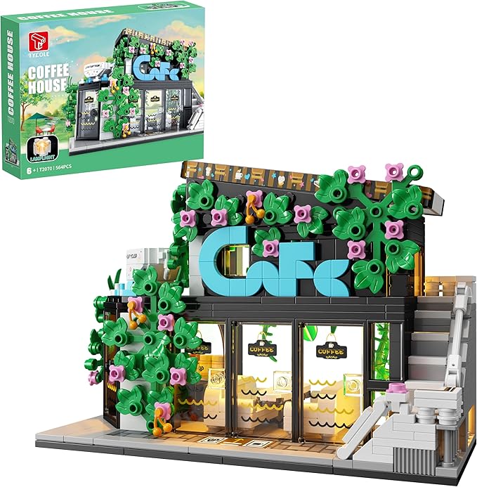 Flower Coffee Shop Building Block Set with LED Lights,STEM Cafe House Building Toys,Coffee Garden House Architecture Model,Birthday Gift for Adults Boys Age 8-12(564Pcs)