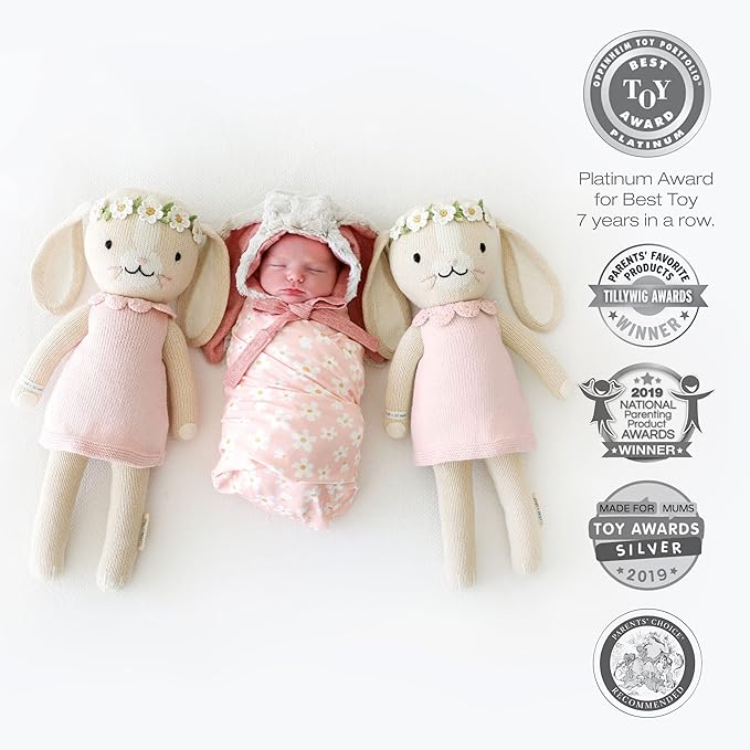 cuddle + kind Hannah The Bunny Blush Little 13" Hand-Knit Doll – 1 Doll = 10 Meals, Fair Trade, Heirloom Quality, Handcrafted in Peru, 100% Cotton Yarn