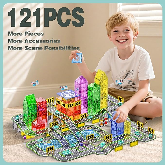 121PCS Magnetic Tiles Road Set with Pullback Cars. Magnet Tiles for Building Construction Toys with Ship, Airplane, Traffic Sign, STEM Magnetic Tiles for Kids Ages 4-8, Educational Gifts for Ages 3+
