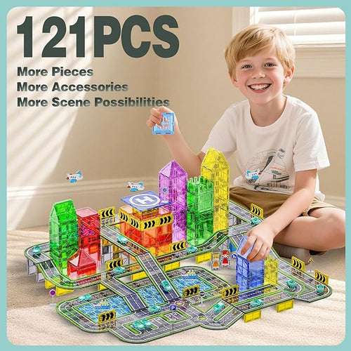 121PCS Magnetic Tiles Road Set with Pullback Cars. Magnet Tiles for Building Construction Toys with Ship, Airplane, Traffic Sign, STEM Magnetic Tiles for Kids Ages 4-8, Educational Gifts for Ages 3+