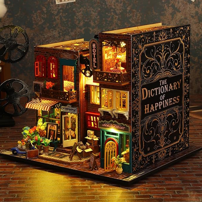 DIY Book Nook Kit - DIY Miniature Dolls House Kit with Furniture and LED Light, 3D Puzzle Wooden Art Bookends, Model Kits for Adults to Build (SCARBROUGH)
