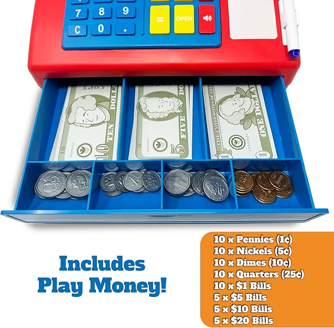 Dr. STEM Toys Solar Powered Calculator Pretend Cash Register with Play Money – 67-Piece Set for Learning Math Skills, STEM Cash Register for Kids, Red