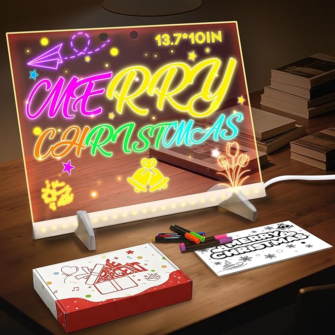 Doodle Glow Board -13.7'' X 10" LED Drawing Board for Room/Store/Festival/Christmas Gifts,etc. with 4 Modes & 7 Colors, LED Glow Drawing Board with Adapter, 7 Markers & Tracing Paper