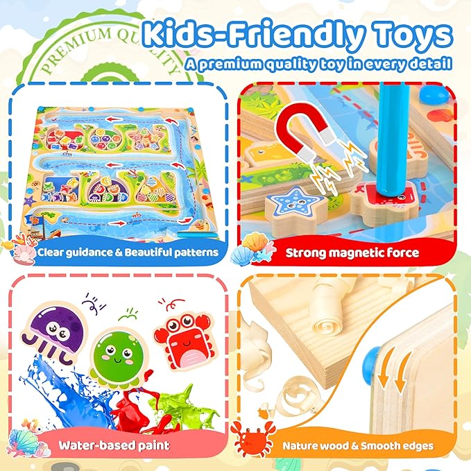 FCSONU Magnetic Color & Shape Maze, Toddler Montessori Toys for 3 4 5 Years Old Boy Girl Birthday Gifts, Wooden Magnetic Board for Kids Puzzles, Color Shape Sorting Magnet Toys, Preschool Activities