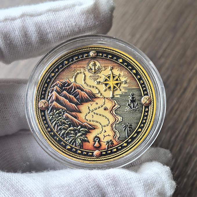 Pirate Challenge Coin – Adventure-Themed Zinc Alloy Coin with Treasure Map Design – 1.57 Inch Collectible Coin with Skull and Cross Swords ﻿ ﻿ ﻿