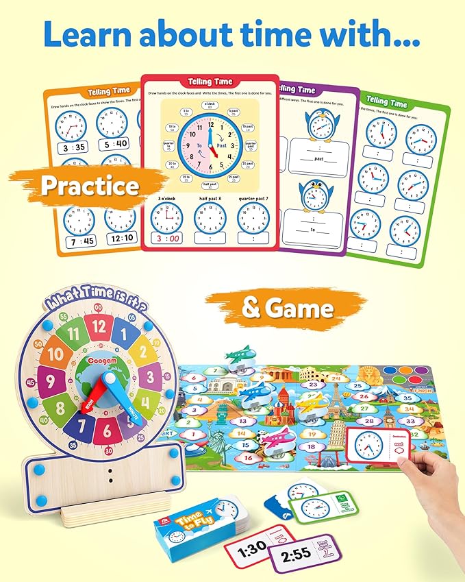 Coogam Wooden Clock Teaching Time Toy, Analog Digital Clock with Fly-Telling Time Board Game, Montessori Time Learning Educational Toy for 3 4 5 Year Old Homeschool Classroom Kids