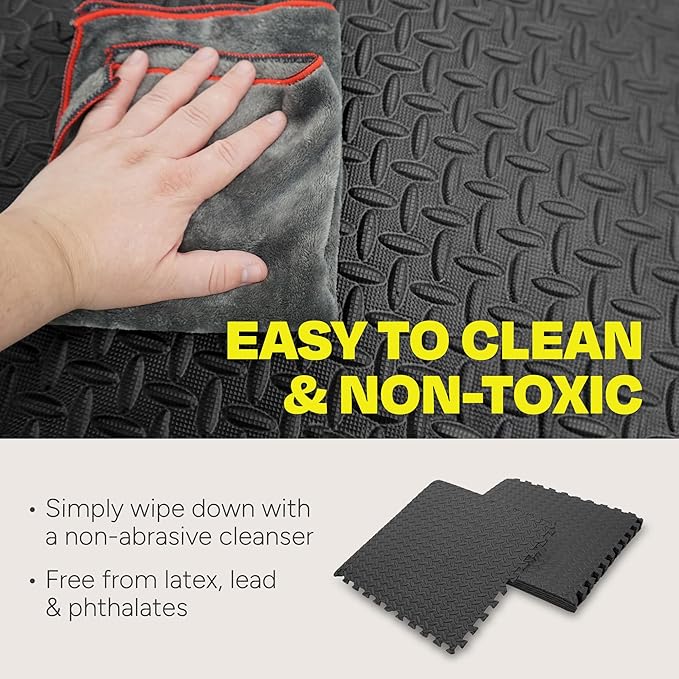 Centr Gym Flooring Exercise Mats - 96 Sq Ft (24-Pack) Interlocking Foam Floor Tiles are Shock Absorbing & Slip Resistant - Non-Toxic Materials Home Workout Equipment