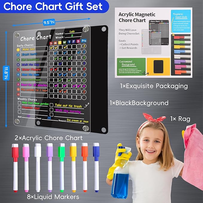 2Pcs Acrylic Magnetic Chore Chart for Kids & Adults, 12"x9.5" Clear Dry Erase Reward Board - Behavior and Responsibility Refrigerator Chart for at Home Multiple Kids, Teens(w/ 8 Markers & Towel)