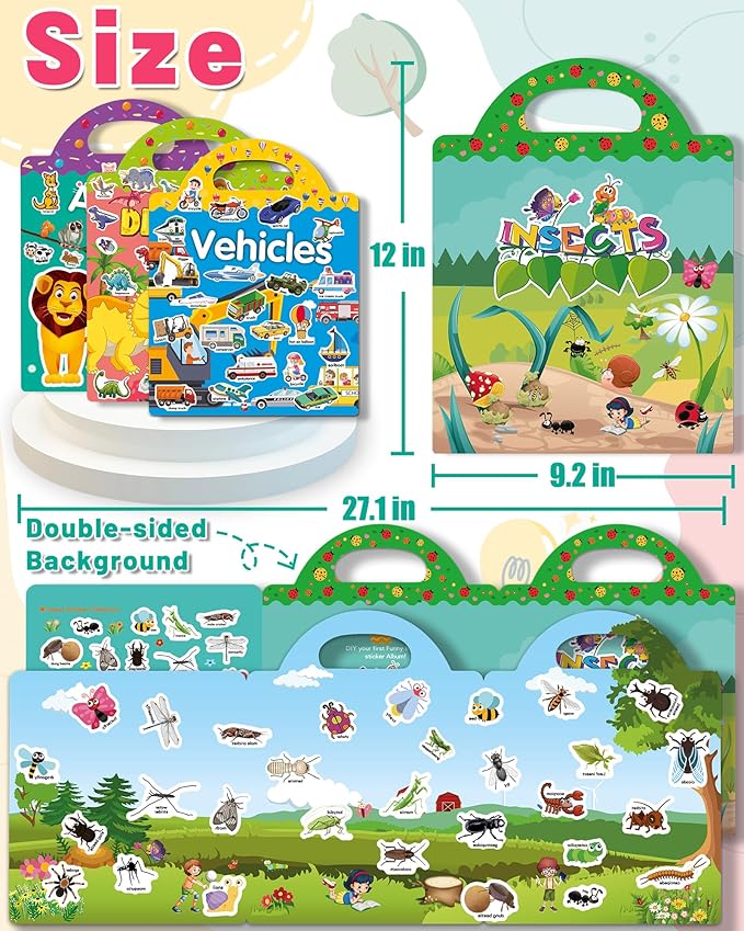 4 Pack Reusable Sticker Book for Toddlers, Toddler Sticker Book for Kids, Toddler Activities Crafts Preschool Learning Travel Birthday Gifts for Boys Girls