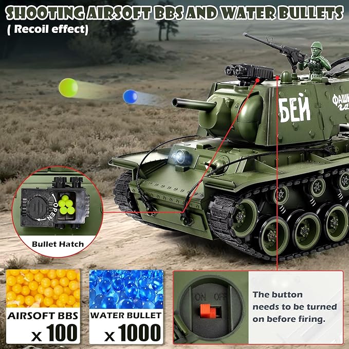 1:18 RC Tank, 2.4Ghz Soviet Union KV1 Remote Control Tank Model Toys, 15 Channel Battle Army Toy with Smoke, Light and Sound, Military RC Vehicle for Adult and Kid that Shoot BBS and Water Bomb
