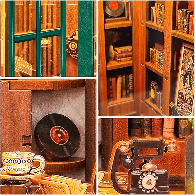 DIY Book Nook Kit, Miniature Bookshelf Decor with LED Lights, Laser-Cut Wooden Craft Set for Adults, Creative Gift for Christmas, Birthday, Leisure Time