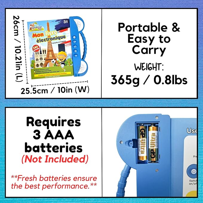 ZeenKind French English Talking Learning Book for Kids 2 3 4 5 6 Years Old, Learn French Interactive Audio Sound Books for Toddlers, Francais Educational Electronic Toys, Bilingual Musical Toy