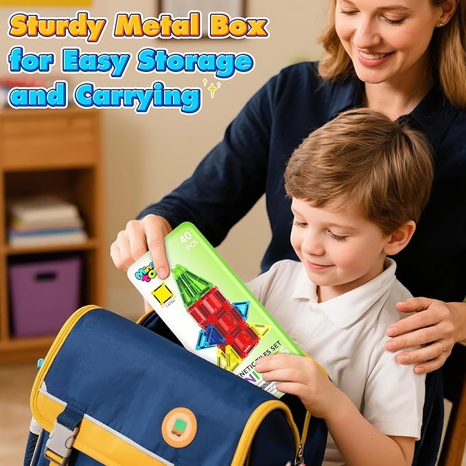 40PCS Mini Magnetic Tiles Toddler Travel Essentials Toys with Case Set, Magnetic Building Blocks Kids Games, Montessori Preschool Education Sensory Toys for 3 4 5 Year Old Boys Girls Birthday Gifts
