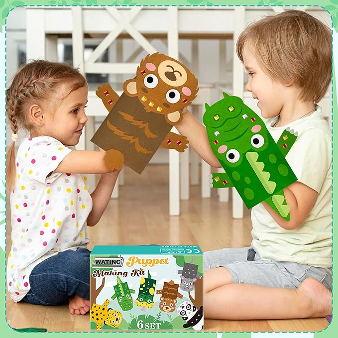 WATINC 6Pcs Hand Puppet Making Kit, Art Craft Felt Sock Puppet Toys, Creative DIY Make Your Own Pompoms Wiggle Googly Eyes Storytelling Role Play Party Supplies Gift for Girls Boys (Wild Animals B)