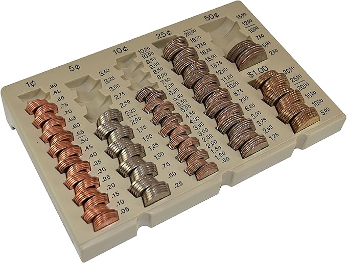 BankSupplies Self-Counting Loose Coin Tray | Nude/White | Coin Holder & Organizer | Holds 6 Change Denominations | Non-Slip | Pennies, Nickels, Dimes, Quarters, Halves & SBA Dollars