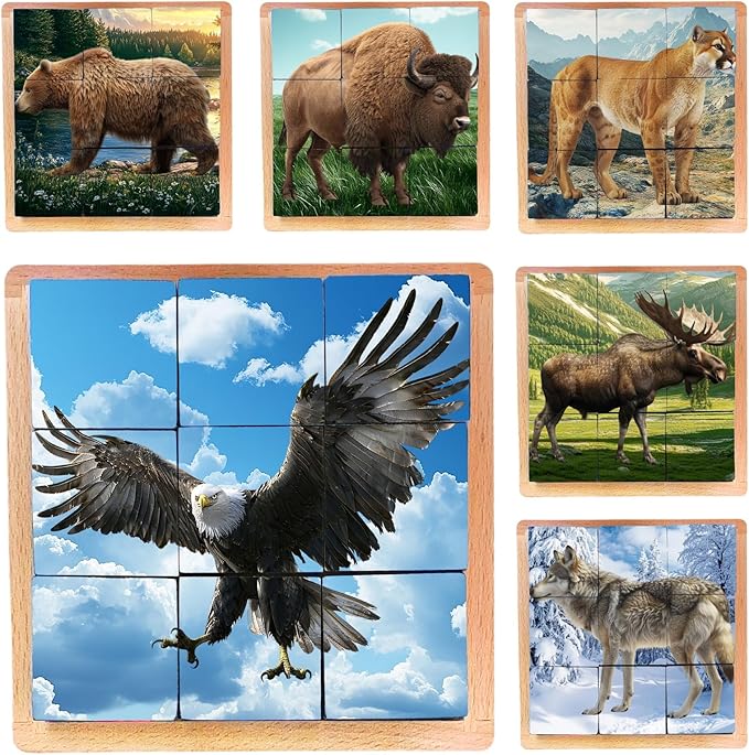 Wooden Cube Puzzle of Native North American Animals | Wooden Puzzles for Kids & Toddlers Ages 3 4 5 6 7 8