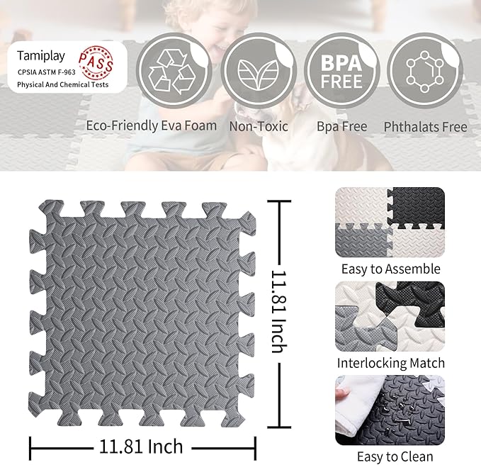 Foam Play Mat for Baby, 0.4 Inch Thicked Interlocking Floor Mats with Solid Colors, Soft Non-Toxic Baby Playmat, EVA Foam Playmat Foam Mats for Toddlers, 16 Tiles(White/Black/Gray)