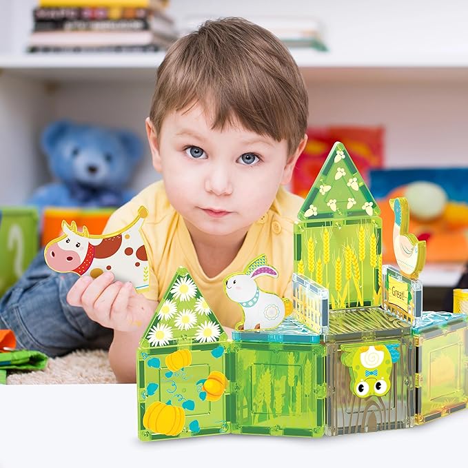 PicassoTiles 26pcs Magnetic Tiles Magnet Tile Building Blocks Printed Fall Farm Themed Animal Toy Set with 8 Farmyard Animals Character Action Figures STEM Learning Playset for Kids, Ages 3+ PTQ27
