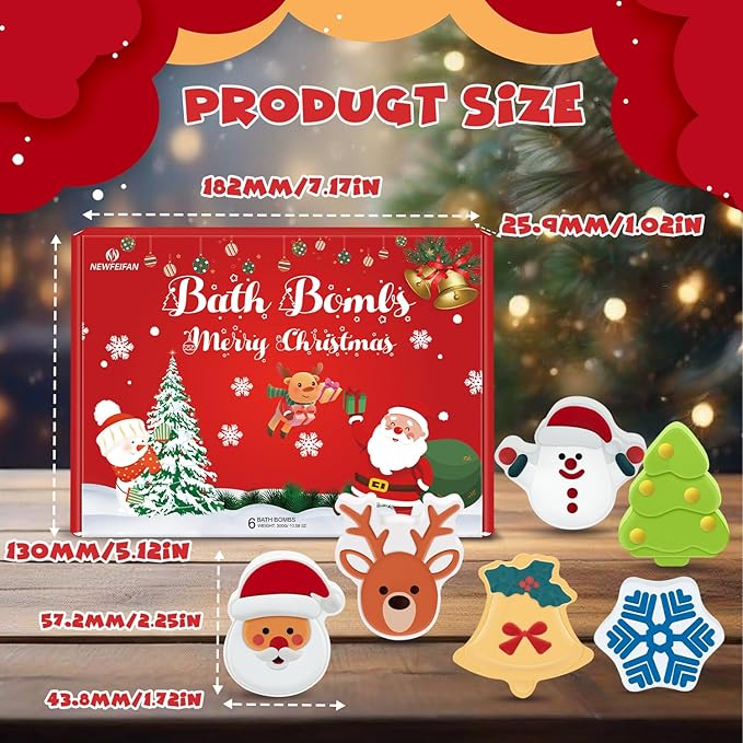 Christmas Bath Bombs Set for Kids,Boys & Girls Stocking Stuffers Gift, Handmade 6 Fun Organic for Children, Gentle Formula Creates, Relaxing Aromas for Women