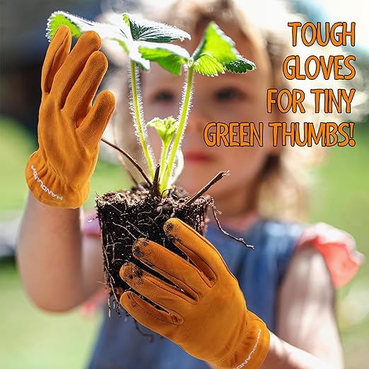 HANDLANDY 2 Pairs Kids Genuine Leather Work Gloves for ages 3-11, Children Gardening Gloves for Boys, Girls (Medium (for age 5-7), Orange)