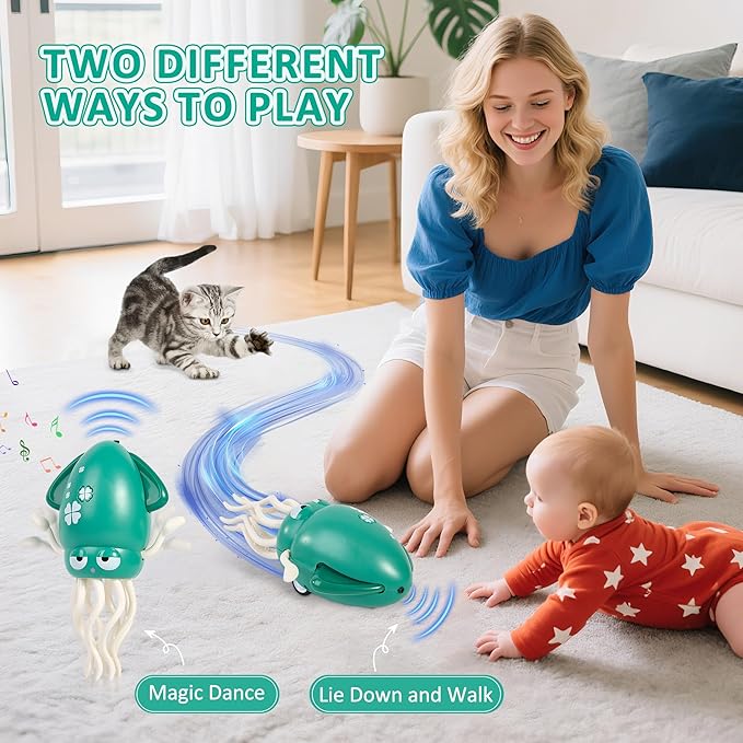Magical Dancing Octopus Toy with LED Lights and Music, USB Rechargeable Tummy Time Toys, Automatic Dodging Crawling Toys, Suitable As a Birthday Gift for Children Aged 3 and Above (Green)