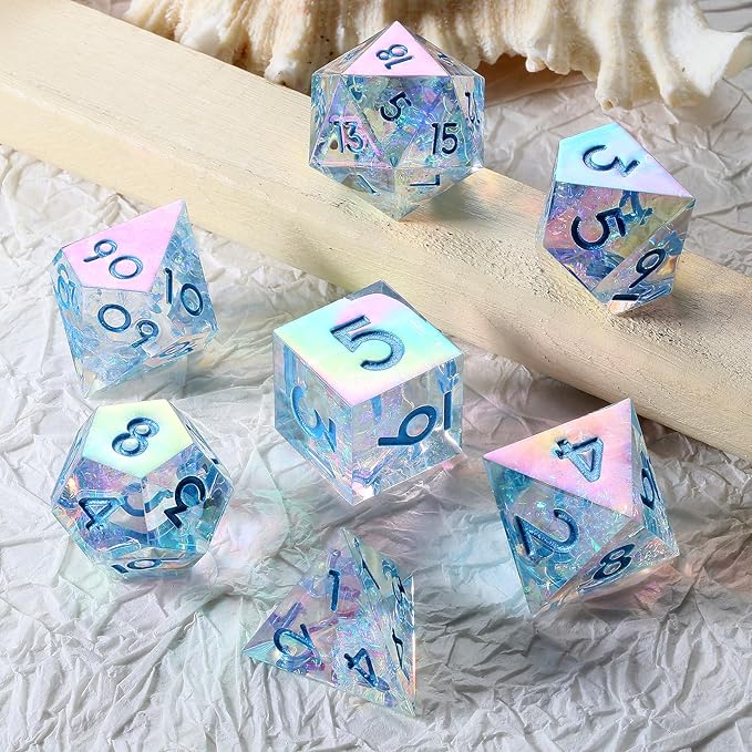 Iridescent Plating Sharp Resin Dice, DNDND 7PCS Handmade DND Sharp Edge Dice with Gorgeous Gift Case for Dungeons and Dragon Tabletop Games (Iridescent Plating Transparent)