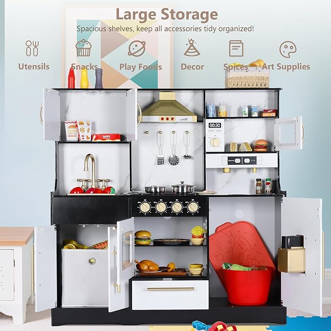 Kinder King Wooden Kids Play Kitchen, Toy Kitchen Playset for Toddler, Play Kitchen Set w/Real Sounds, Pretend Coffee Machine, Kitchen Hood, Sink, Ice Maker, Gift for Boys Girls Age 3+, Black