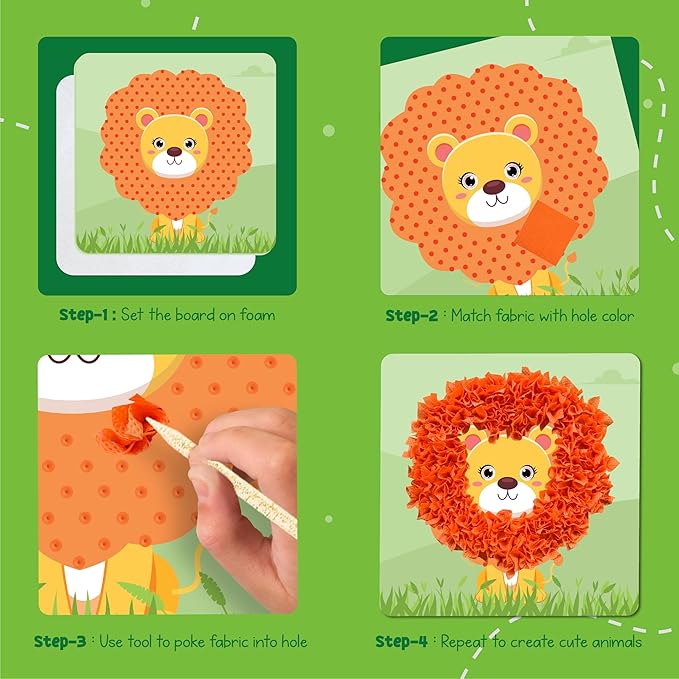 jackinthebox Poke Poke Art – Animals Theme, Mess-Free Fabric Art and Craft, Flower Pressing Kits, Gift for Kids, Girl Gifts, Boy Gift, Toys for Girls and Boys Ages 4 5 6 7 8