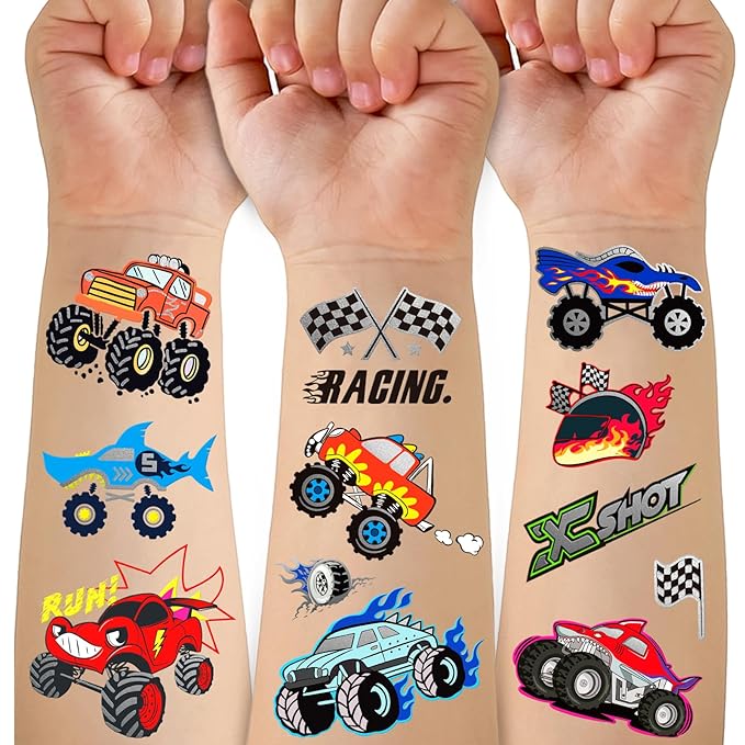 75 PCS Truck Temporary Tattoos for Kids, Groovy Metallic Styles Tattoos for Truck Wheels Birthday Party Supplies Racing Car Checkered Flag Trophy Flame Fake Tattoo Stickers for 5 6 7 8 Years Old Boys