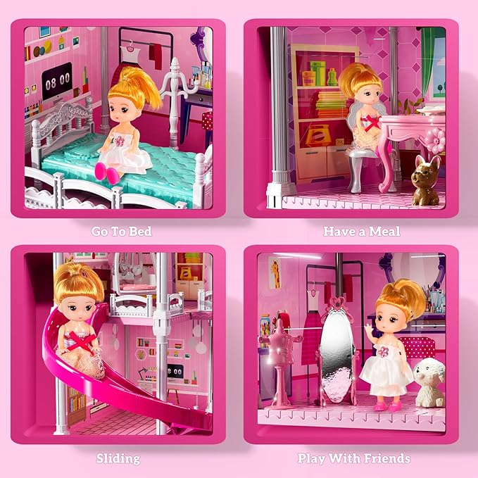 Girl House Toys for Girls 4-8, 3 Storey 6 Rooms Indoor Playset with Doll, Furniture and Accessories, Pretend Toddler Toy, Birthday Gifts for Girl Age 3-5 4-6 6-12