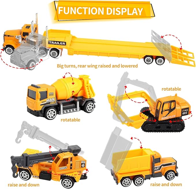 Oriate 28pcs Construction Toys for Kids, 12pcs Mini Diecast Construction Vehicles Toy with Flatbed Transport Trailer, Educational Digger Excavator Bulldozer Forklift Trucks Cake Topper Stickers