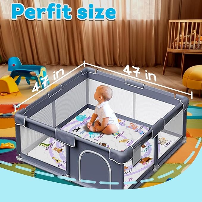 Baby Play Mat，Thick Soft 47" X 47" Playpen mat, Non-Slip and Machine Washable Baby Play Mats for Floor，Crawling Mat for Babies, Toddlers & Infants to Play and Learn (Purple Animal)