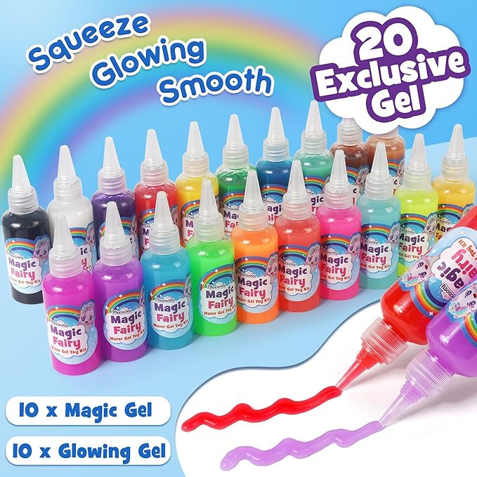 Mocoosy 20 Color Glow in The Dark Magic Water Elf Toy Kit for Kids, Aqua Fairy Water Gel Kit with Magic Gel & Squishy Molds, Make Your Own Squishy Toys & Water Pets, DIY Aqua Art Crafts Birthday Gifts