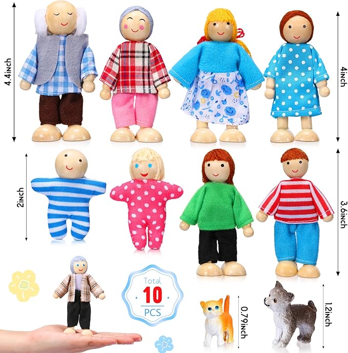 Skylety 10 Pcs Wooden Dollhouse Set of Mini People Figures Dollhouse Dolls Wooden Doll Play Figures Accessories(Pretty Style)