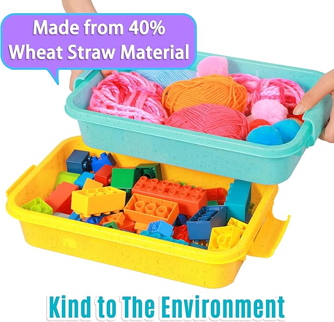 3 Pack, Empty Sensory Bin, Wheat Straw Material，13.5 Inch Storage Container, Portable Plastic Storage Bins, Stackable Play Tray for toys,arts,crafts and sand.