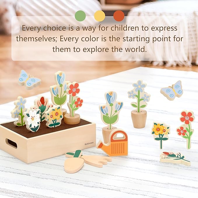 Wooden Toy Flower Garden Set Natural Gardening Toy Playset for Toddlers Pretend Play Blossom Flowerpot Educational Learning Toy for Girls Boys 3 Years and Up