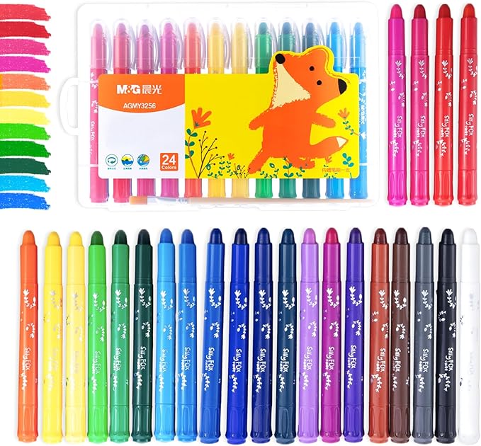 M&G 24 Pcs Tempera Paint Sticks, 24 Colors Solid Tempera Paint Set for Kids, Washable, Quick Drying, Non-Toxic, Works Great on Paper, Wood, Glass