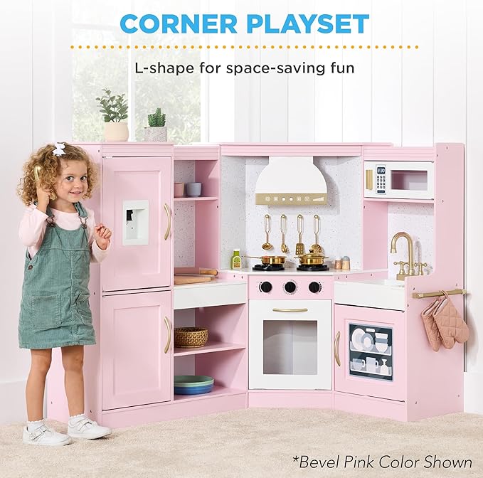 Best Choice Products Pretend Play Corner Kitchen, Ultimate Interactive Wooden Kids Playset w/Lights & Sounds, Ice Maker, Hood - Pink