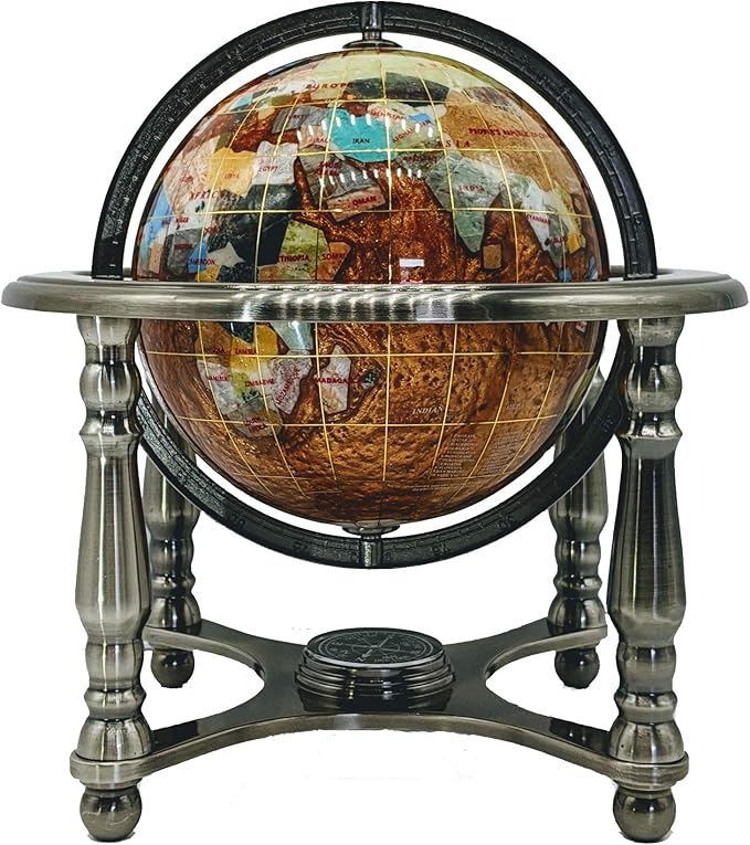 Unique Art 10-Inch Tall Table Top Amber Pearl Swirl Ocean Gemstone World Globe with Silver Zinc Alloy Stand (150 GB Amber Silver)