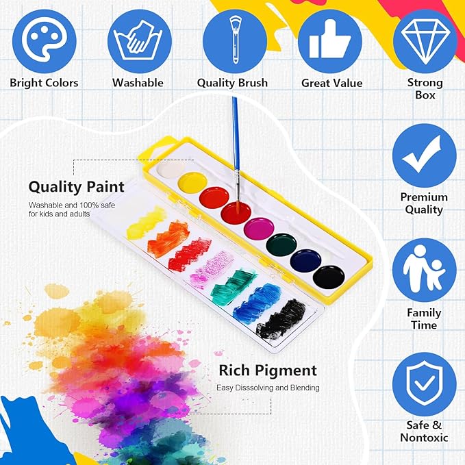 36 Packs Halloween Watercolor Paint Set for Kids 8-Color Washable Watercolor Paint Bulk with Paintbrush for Preschool Classroom Painting Favors Back to School Gifts Halloween Party Supplies